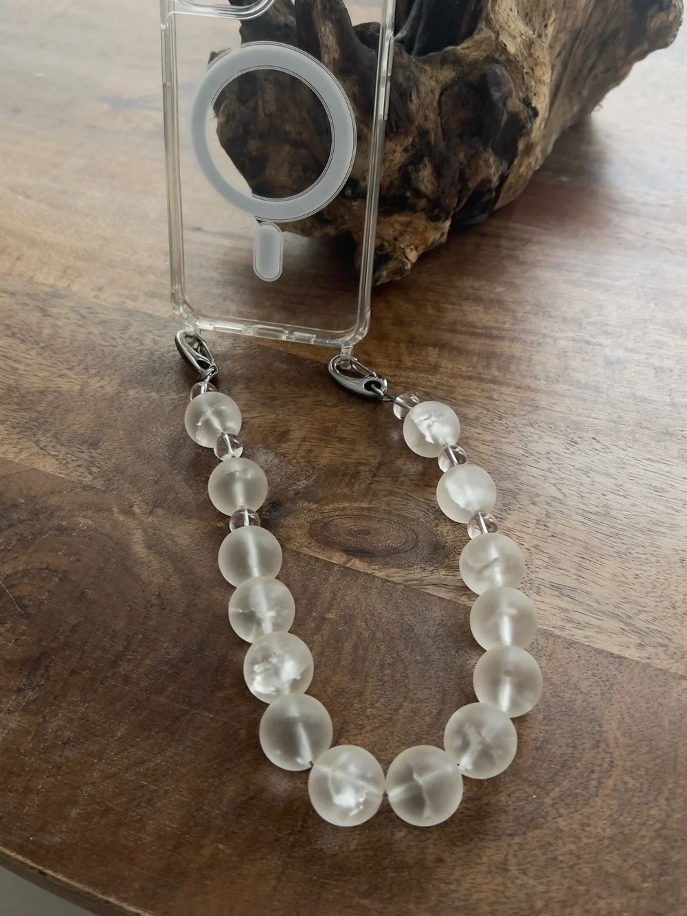 Clear Quartz Frosted White Beaded Phone Bracelet - Elegant Women’s Jewelry
